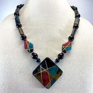 Vintage Japan Gold Tone Ceramic Black Gold Beaded Statement Necklace